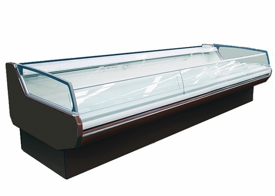 Front Curved Glass Fan Cooling Front Display Chiller For Sausages abierto
